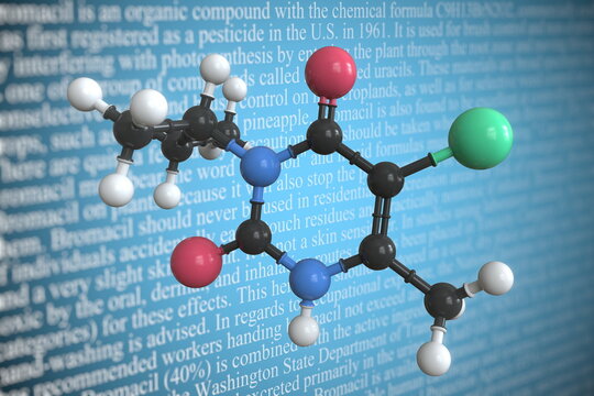 Bromacil scientific molecular model, 3D rendering