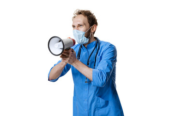 Young chemist, doctor wearing blue uniform, face mask and gloves conducts chemical research isolated on white background. Concept of healthcare, pharmaceuticals, medicine.