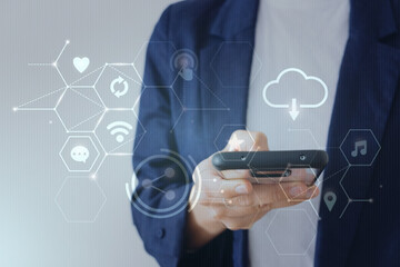 Businesswoman using mobil phone to rate the customer service