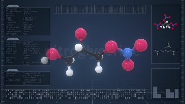 Nitroglycerine molecule with description on the computer screen, loopable 3d animation