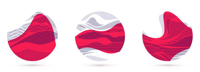 Abstract oriental Japanese art vector backgrounds set in red color in shape of circle, traditional style design, wavy shapes and mountains terrain landscape, runny like sea lines.