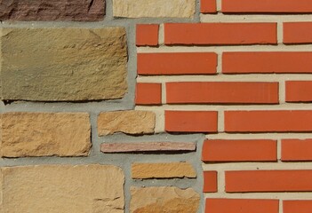 Mur composé d'un mélange de briques et de pierres de couleurs vives