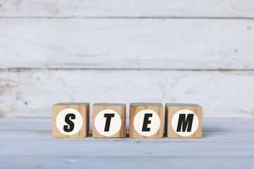 stem concept written on wooden cubes or blocks, on white wooden background.