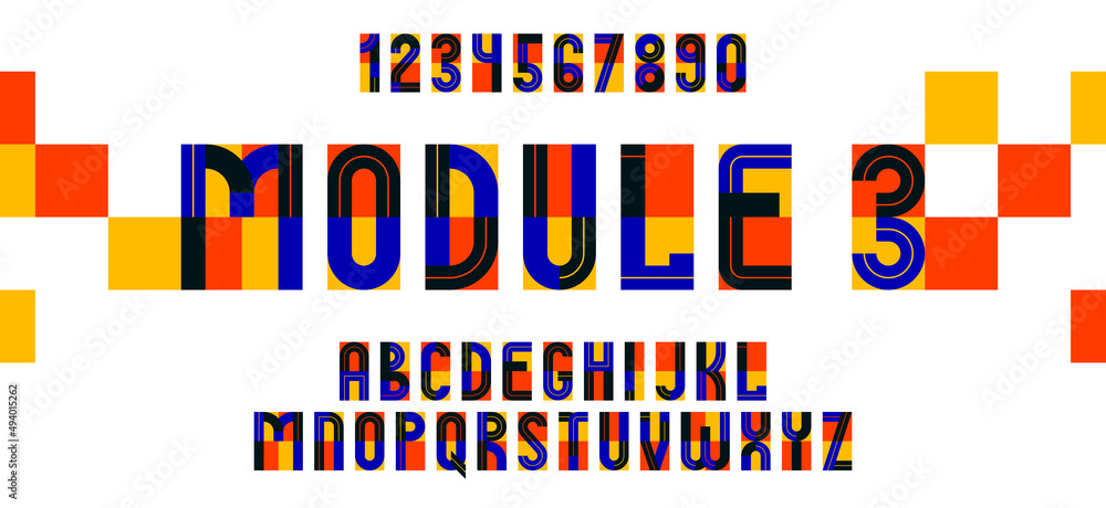 Poster geometric modern font vector design, geometrical typography alphabet letters set including numbers, 