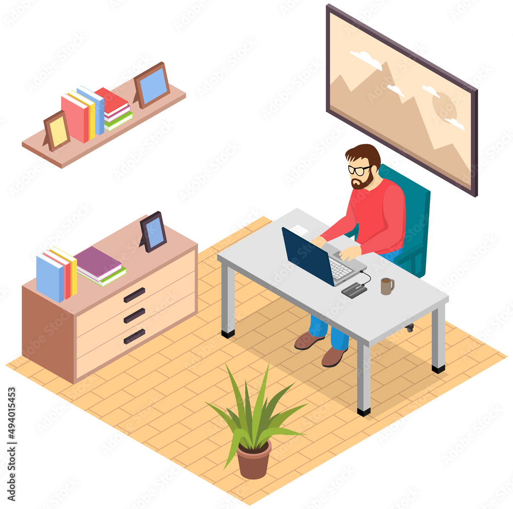 Aufkleber office workplace. business man professional working with laptop and documents on table isolated illu