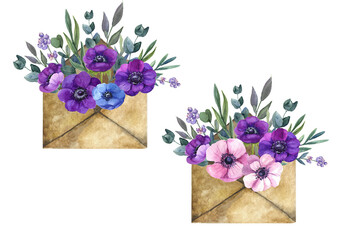 Watercolor envelopes with flowers. Romantic drawing image.  composition purple elegance. Painting graphic symbol berry. Anemone object flora beautiful. Botanical drawn collection illustration.