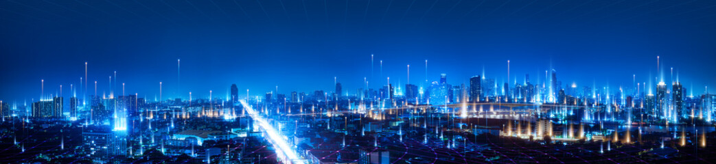 Banner smart city dot point connect with gradient line, connection technology metaverse concept....