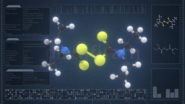 Disulfiram molecule with description on the computer screen, loopable 3d animation