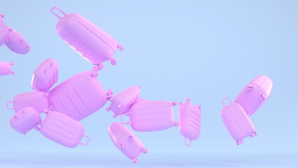 Pink monochrome suitcases, abstract background. Flying luggage bags for summer journey or vacation trip. Fashion baggage for flight and sea beach holiday. Travel concept, modern blue 3d wallpaper