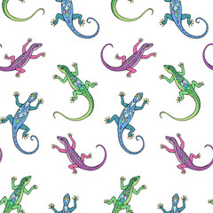 Seamless vector pattern of lizards. Background for greeting card, website, printing on fabric, gift wrap, postcard and wallpapers. 