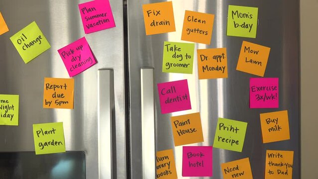 Refrigerator Door Full of Reminder Notes Hand Adds File Taxes Memo