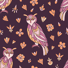 Seamless vector pattern of owls and flowers. Suitable for packaging, fabrics, wallpapers and simple colorings.