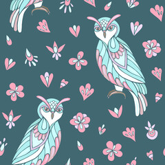 Seamless vector pattern of owls and flowers. Suitable for packaging, fabrics, wallpapers and simple colorings.