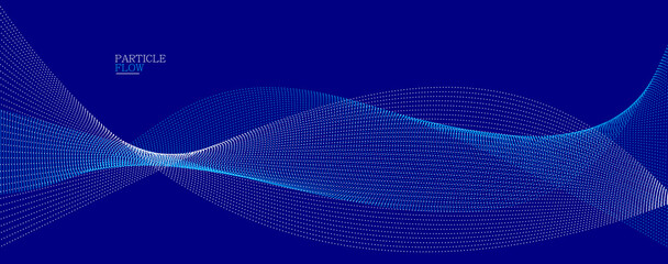 Blue dots in motion dark vector abstract background, particles array wavy flow, curve lines of points in movement, technology and science illustration.