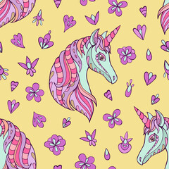 Seamless vector pattern with unicorn. Background for greeting card, website, printing on fabric, gift wrap, postcard and wallpapers. 