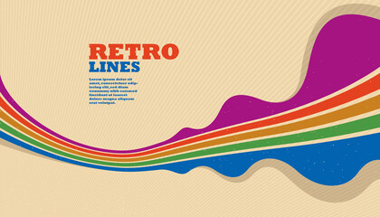 Obraz premium Retro style abstract background with curve lines in all colors of rainbow, 3D dimensional seventieth vector art.