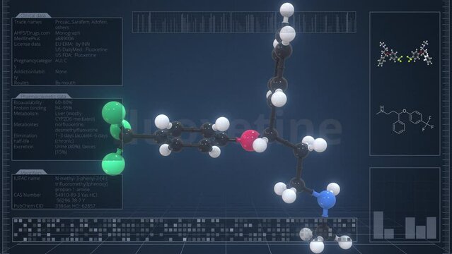 Fluoxetine molecule with description on the computer screen, loopable 3d animation