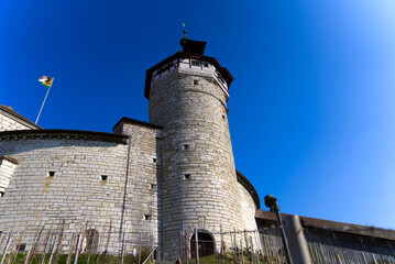 Fototapeta na wymiar Late medieval fortress at the old town of Schaffhausen named Munot on a sunny spring day. Photo taken March 5th, 2022, Schaffhausen, Switzerland.