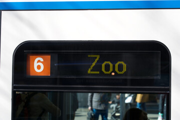 Close-up of tram line 6 destination Zoo at famous shopping mile Bahnhofstrasse at City of Zürich...