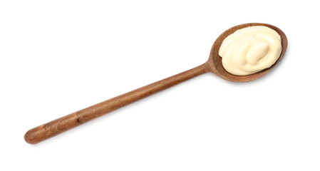 Wooden spoon with tasty mayonnaise isolated on white, top view