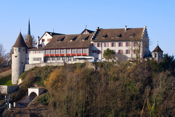 Fototapeta na wymiar Laufen Castle on a hill above the famous Rhine Falls on a sunny spring day. Photo taken March 5th, 2022, Laufen-Uhwiesen, Switzerland.