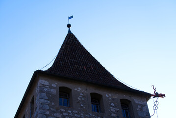 Close-up of stone tower of Laufen Castle on a hill above the famous Rhine Falls on a sunny spring day. Photo taken March 5th, 2022, Zurich, Switzerland.
