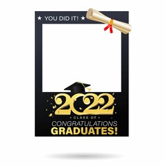 Class of 2022 black and gold design template for graduation photo booth props. Congratulations graduates frame for selfie. Realistic Vector illustration for high school or university grad ceremony.