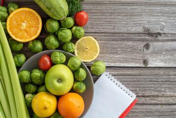 Background with healthy vegetables and fruits healthy food for every day. Vegan Proper Food Concept