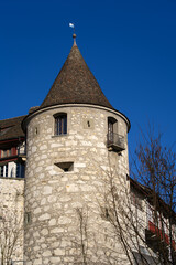 Fototapeta na wymiar Laufen Castle on a hill above the famous Rhine Falls on a sunny spring day. Photo taken March 5th, 2022, Laufen-Uhwiesen, Switzerland.