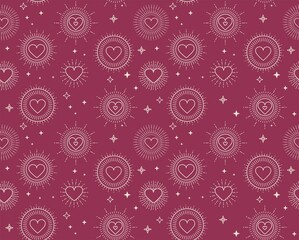 Valentine's day bohemian pattern with geometric hearts and stars. Minimalist background for Mother's day, Valentine's day, wedding, Birthday, wallpaper etc. Flat style vector illustration