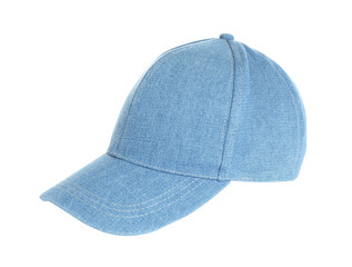 Stylish light blue baseball cap on white background