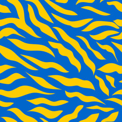 Yellow wavy stripes on a blue background. Seamless modern zebra pattern for trendy textured fabrics, paper products. 