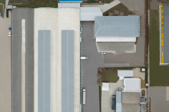 Aerial top view of warehouse. Logistics center