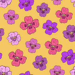 Seamless vector pattern of violets flowers. Background for greeting card, website, printing on fabric, gift wrap, postcard and wallpapers. 