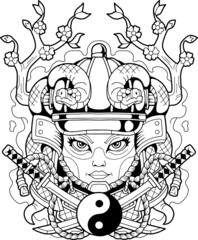 medieval japanese samurai girl, contour illustration, design