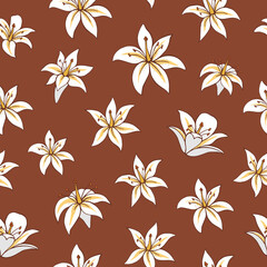 Seamless vector pattern of lilies. Background for greeting card, website, printing on fabric, gift wrap, postcard and wallpapers. 