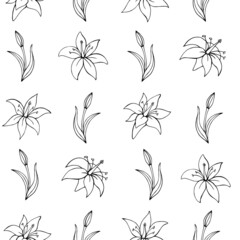 Seamless vector pattern of lilies. Background for greeting card, website, printing on fabric, gift wrap, postcard and wallpapers. 