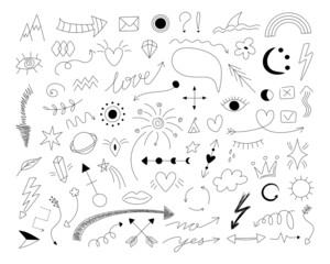 2101.i010.n012.S.c12.1396995566.Doodle symbols. Hand drawn thin line arrows with scribble emphasis crown and love heart icons. Vector isolated set