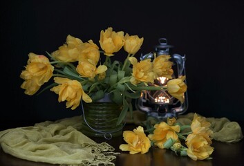 still life with yellow flowers