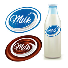 milk splash on blue and brown background. Milk bottle package template design	