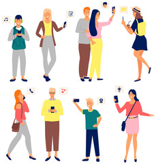 Fototapeta premium Global data sharing concept of young people using mobile smartphone to share posts and news in social networks. Man and woman holds smart phone to make repost of video news, listening to music