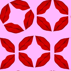 Red lips geometric print on pink background Seamless pattern