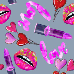 Seamless pattern with lipstick and juicy lips on grey background.