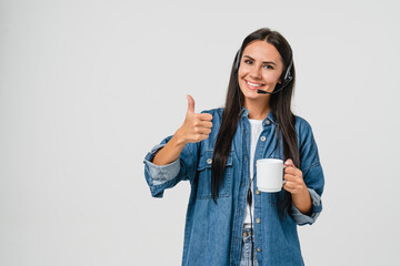 Smiling young caucasian hotline helpline worker, IT customer support manager in headset assisting...