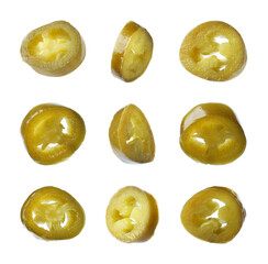 Set with pickled green jalapeno peppers on white background