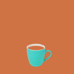 Classic green turquoise coffee mug on brown color trendy background. Retro design drinking cup of coffee concept.