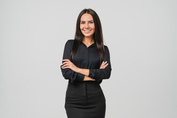 Caucasian successful confident young businesswoman ceo boss bank employee worker manager with arms...