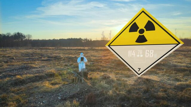 Scientist checking radiation levels on radioactive, barren land - 3d render