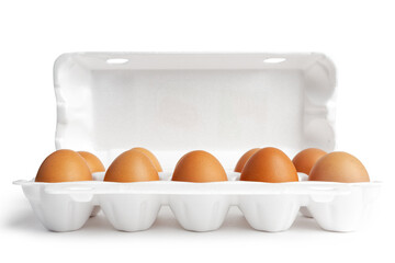 Natural organic chicken eggs in open white package. Isolated on white with shadow.
