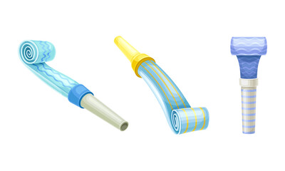 Set of party blower whistles. Birthday party, holiday celebration symbols cartoon vector illustration